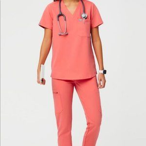 Figs Catarina Scrub Top- Hot Coral